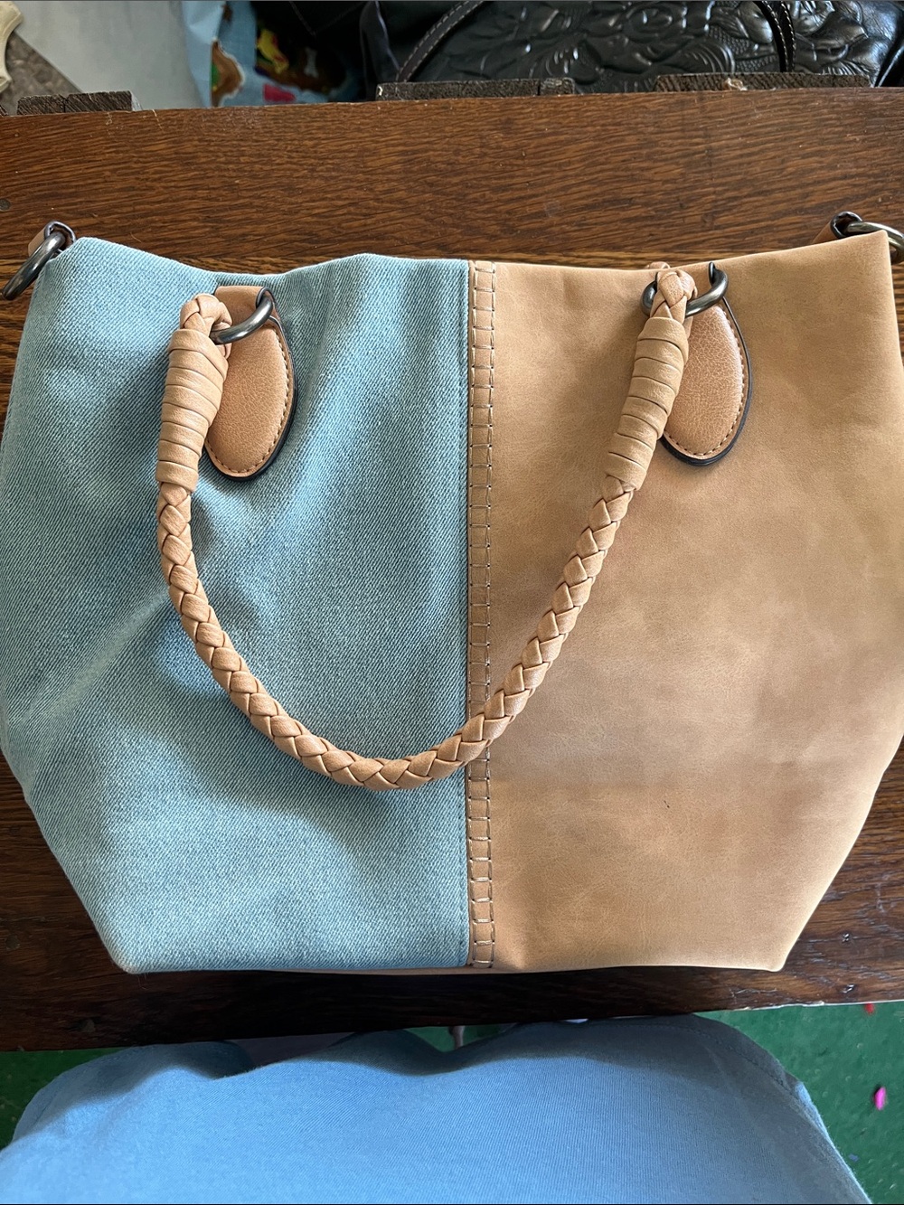 Two-Tone denim & leather-like Tote Bag - Tan and Light Blue